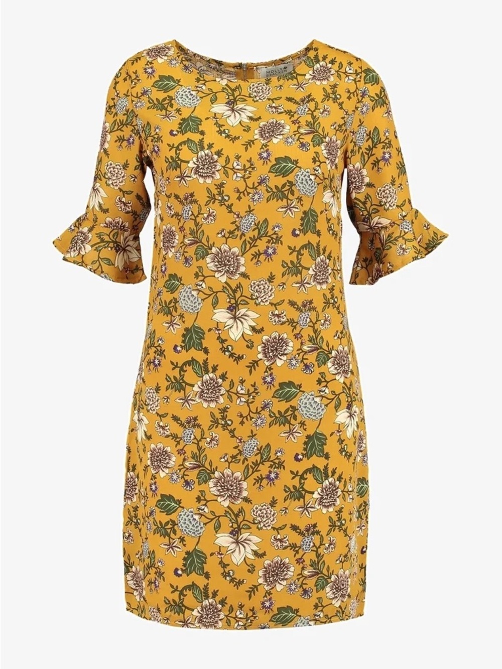 Molly Bracken Mustard Floral Ruffle-Sleeve Shift